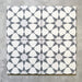 Agadir Silver Moroccan-style 20x20cm porcelain tiles shown as a four-tile layout, featuring a soft grey and white geometric star pattern with a clean, modern Moroccan look.