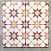 Agadir Springs Moroccan-style 20x20cm porcelain tiles arranged as four tiles, showcasing a repeating geometric star pattern in soft terracotta, blush pink, white and warm yellow tones on a neutral background.