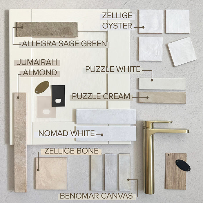 Interior moodboard featuring Allegra Sage Green Gloss Brick ceramic tiles in a 6 × 25cm format, styled with complementary neutral tiles, trims and warm metallic accents to showcase the muted green tones, glossy finish and handmade-style character.