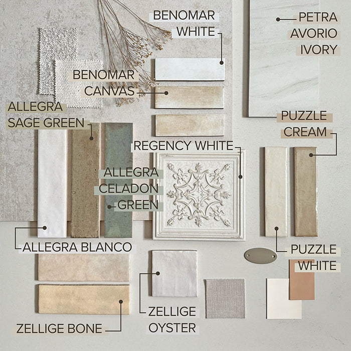 Interior moodboard featuring Allegra Sage Green Gloss Brick ceramic tiles in a 6 × 25cm format, styled with complementary neutral tiles, trims and textured finishes to highlight the muted green tones, glossy finish and handmade-style character.