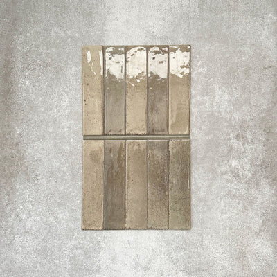 Allegra Sage Green Gloss pencil bullnose border ceramic tiles in a 1.2 × 30cm format, shown laid vertically to highlight the muted green tones, glossy finish and subtle handmade-style variation, ideal for edging and decorative borders.