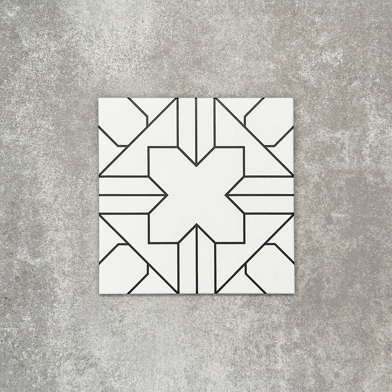 Single Almeria Palace Moroccan-style porcelain tile featuring a refined black line geometric pattern on a white base, 20x20cm, suitable for wall and floor use.