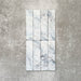 Product image of Amalfi Brick Azul Vintage Marble wall and floor tiles in a 5.4cm x 22cm format, showcasing soft blue and white marble effect detailing with subtle veining and tonal variation.