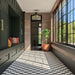 Hallway featuring Amalfi Nero Square 11cm x 11cm vintage marble wall and floor tiles in a chequerboard design, paired with dark green cabinetry, exposed brick walls and black-framed windows.