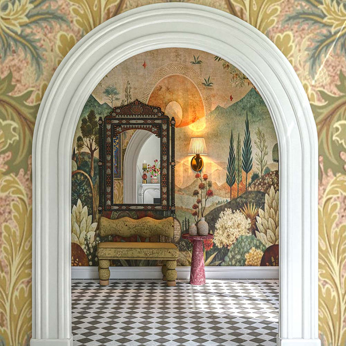 Hallway featuring Amalfi Nero Square 11cm x 11cm vintage marble floor tiles, laid in a black and white chequerboard pattern and paired with arched doorways, decorative wallpaper and eclectic furnishings.