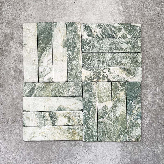 Product image of Amalfi Brick Salvia Vintage Marble wall and floor tiles in a 5.4cm x 22cm format, arranged in a basketweave pattern, showcasing green and white marble effect detailing with natural veining and tonal variation.