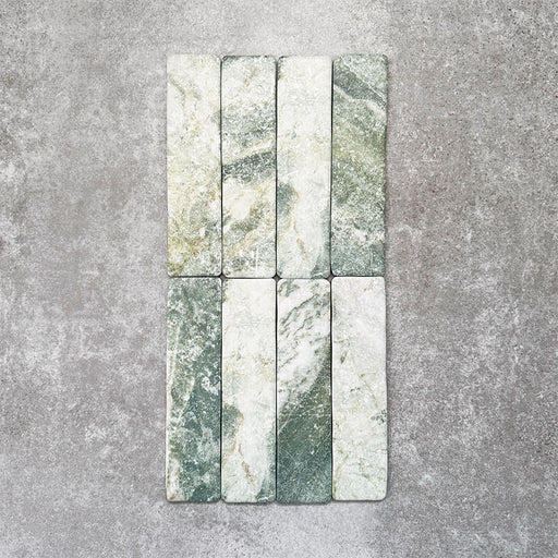 Product image of Amalfi Brick Salvia Vintage Marble wall and floor tiles in a 5.4cm x 22cm format, showcasing green and white marble effect detailing with natural veining and tonal variation.