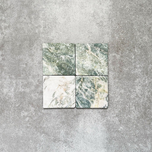 Product image of Amalfi Square Salvia Vintage Marble wall and floor tiles in an 11cm x 11cm format, featuring green and white marble effect detailing, natural veining and softly rounded vintage-inspired edges.