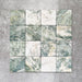 Product image of Amalfi Square Salvia Vintage Marble wall and floor tiles in an 11cm x 11cm format, featuring green and white marble effect detailing, natural veining and softly rounded vintage-inspired edges.