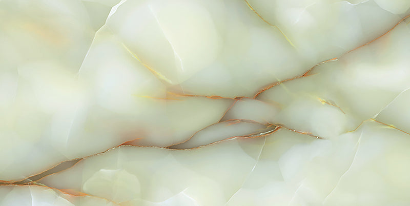 Close-up of Anastasia Jade Green Onyx Polished 60 × 120cm stone effect tile, featuring soft green tones with flowing gold and amber veining, creating a layered, organic pattern with a high-gloss polished finish.