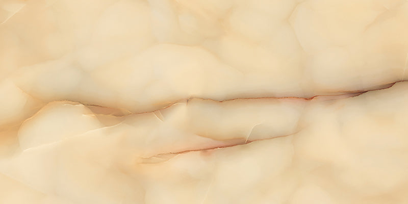 Close-up of Anastasia Miele Onyx Polished 60 × 120cm stone effect tile, featuring warm honey and cream tones with flowing gold and amber veining, creating a rich, layered pattern with a high-gloss polished finish.