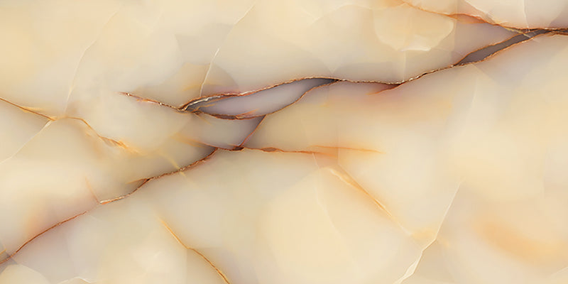 Close-up of Anastasia Miele Onyx Polished 60 × 120cm stone effect tile, featuring warm honey and cream tones with flowing gold and amber veining, creating a rich, layered pattern with a high-gloss polished finish.