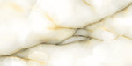 Close-up of Anastasia Pearl Onyx Polished 60 × 120cm stone effect tile, featuring soft cream tones with flowing grey and gold veining, creating a natural, layered pattern with a high-gloss polished finish.