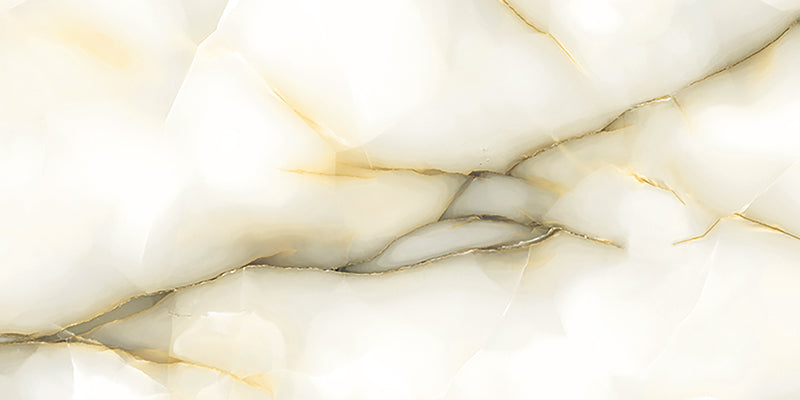 Close-up of Anastasia Pearl Onyx Polished 60 × 120cm stone effect tile, featuring soft cream tones with flowing grey and gold veining, creating a natural, layered pattern with a high-gloss polished finish.
