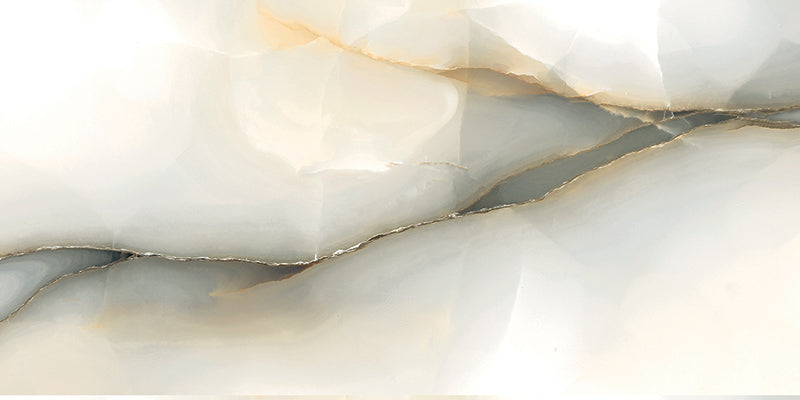 Close-up of Anastasia Pearl Onyx Polished 60 × 120cm stone effect tile, featuring soft cream tones with flowing grey and gold veining, creating a natural, layered pattern with a high-gloss polished finish.