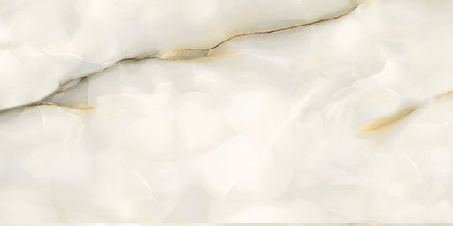 Close-up of Anastasia Pearl Onyx Polished 60 × 120cm stone effect tile, featuring soft cream tones with flowing grey and gold veining, creating a natural, layered pattern with a high-gloss polished finish.