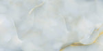 Close-up of Anastasia Turchese Blue Onyx Matt 60 × 120cm stone effect tile, featuring soft blue tones with flowing gold and grey veining, creating a layered, organic pattern with a smooth matt finish.