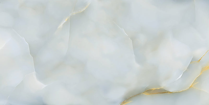 Close-up of Anastasia Turchese Blue Onyx Matt 60 × 120cm stone effect tile, featuring soft blue tones with flowing gold and grey veining, creating a layered, organic pattern with a smooth matt finish.