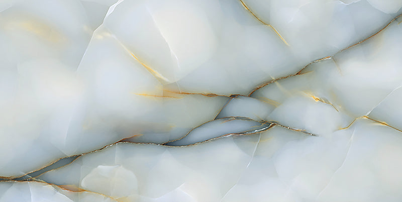 Close-up of Anastasia Turchese Blue Onyx Matt 60 × 120cm stone effect tile, featuring soft blue tones with flowing gold and grey veining, creating a layered, organic pattern with a smooth matt finish.