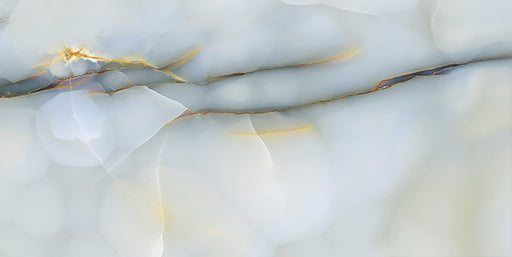 Close-up of Anastasia Turchese Blue Onyx Matt 60 × 120cm stone effect tile, featuring soft blue tones with flowing gold and grey veining, creating a layered, organic pattern with a smooth matt finish.