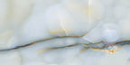 Close-up of Anastasia Turchese Blue Onyx Polished 60 × 120cm stone effect tile, featuring soft blue tones with flowing gold and grey veining, creating a layered, organic pattern with a high-gloss polished finish.