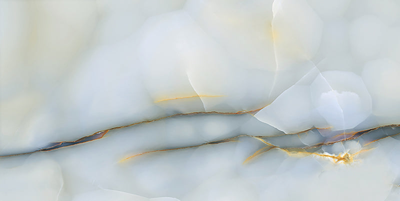 Close-up of Anastasia Turchese Blue Onyx Polished 60 × 120cm stone effect tile, featuring soft blue tones with flowing gold and grey veining, creating a layered, organic pattern with a high-gloss polished finish.