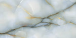 Close-up of Anastasia Turchese Blue Onyx Polished 60 × 120cm stone effect tile, featuring soft blue tones with flowing gold and grey veining, creating a layered, organic pattern with a high-gloss polished finish.