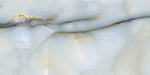 Close-up of Anastasia Turchese Blue Onyx Polished 60 × 120cm stone effect tile, featuring soft blue tones with flowing gold and grey veining, creating a layered, organic pattern with a high-gloss polished finish.
