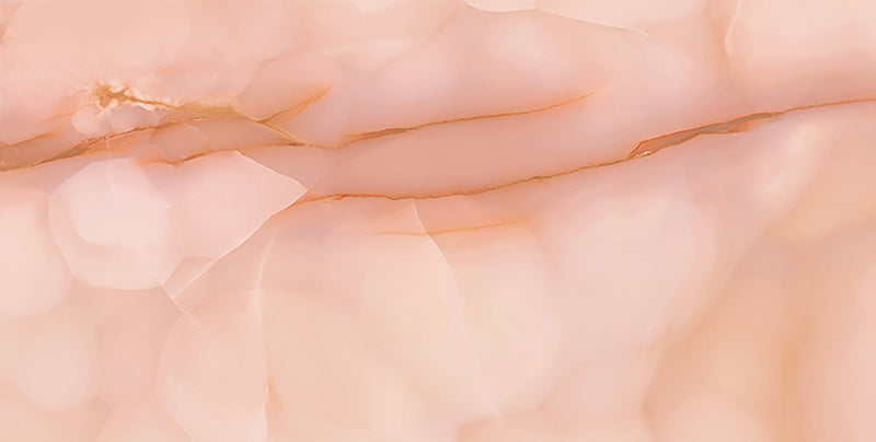 Close-up of Anastasia Rose Onyx Polished 60 × 120cm stone effect tile, featuring soft pink tones with flowing gold veining, creating a gentle, layered pattern with a high-gloss polished finish.