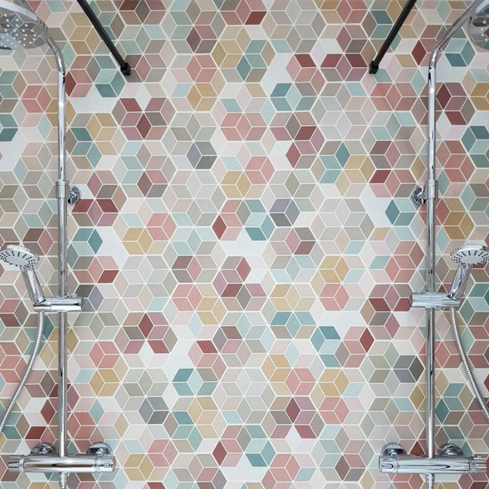 Shower wall featuring Athens Multicoloured Hexagon Patchwork 17x15cm Moroccan-style tiles, showcasing a geometric hexagon pattern in soft pastel and earthy tones for a vibrant yet balanced bathroom feature.
