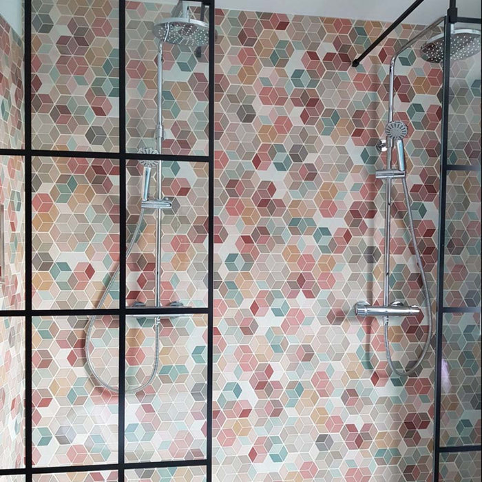 Shower wall featuring Athens Multicoloured Hexagon Patchwork 17x15cm Moroccan-style tiles, showcasing a geometric hexagon pattern in soft pastel and earthy tones for a vibrant yet balanced bathroom feature.