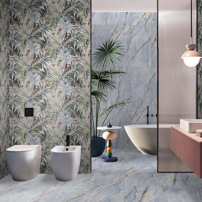 Bathroom interior featuring Bahamas 60 × 120cm porcelain wall and floor tiles, styled with a freestanding bath, tropical feature wall, statement lighting, and bold design contrasts for a vibrant, contemporary space.