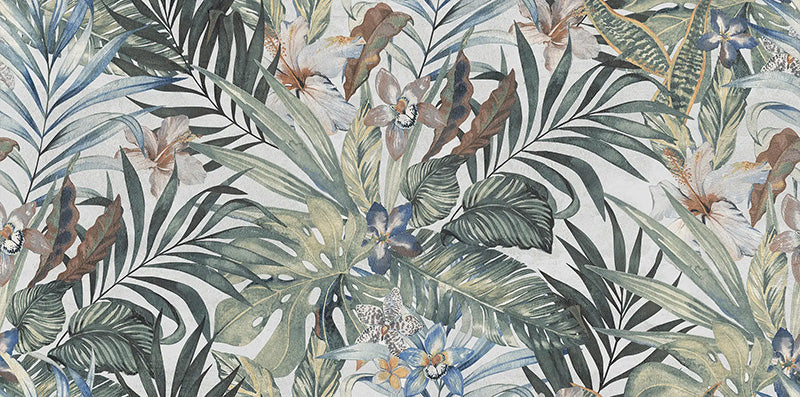 Close-up of Bahamas 60 × 120cm wall and floor tiles, highlighting a detailed tropical leaf design with layered greens, soft neutrals, and subtle floral accents for a rich, decorative finish.