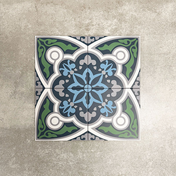 Four London Streets Baker Street 20x20cm Victorian Moroccan style porcelain tiles arranged together to showcase the repeating blue, green, grey and white geometric pattern inspired by traditional Victorian style decorative floor tiles.