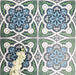 Group of London Streets Baker Street 20x20cm Victorian Moroccan style porcelain tiles arranged to showcase the repeating blue, green, grey and white geometric pattern, styled with white flowers in a decorative flat-lay setting.