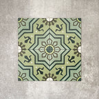 Patterned layout of Balthazar Verde 20×20cm Moroccan-style porcelain tiles, showing the full encaustic-inspired geometric design in layered green tones with dark accents, ideal for creating bold feature floors or statement walls.