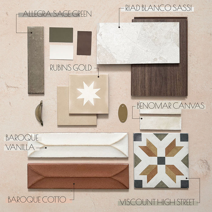 Moodboard featuring sage green gloss brick tiles, vanilla and cotto baroque-style wall tiles, decorative patterned floor tiles, marble-effect porcelain and canvas-effect neutrals, styled together to showcase coordinated kitchen and bathroom tile combinations.
