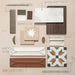 Moodboard featuring sage green gloss brick tiles, vanilla and cotto baroque-style wall tiles, decorative patterned floor tiles, marble-effect porcelain and canvas-effect neutrals, styled together to showcase coordinated kitchen and bathroom tile combinations.