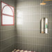 Contemporary walk-in shower featuring Baroque Lichen Green porcelain wall tiles in a vertical stacked layout, paired with a burgundy and white chequerboard floor, brushed brass shower fittings, an arched recessed niche and a statement red-framed window for a bold, modern bathroom design.