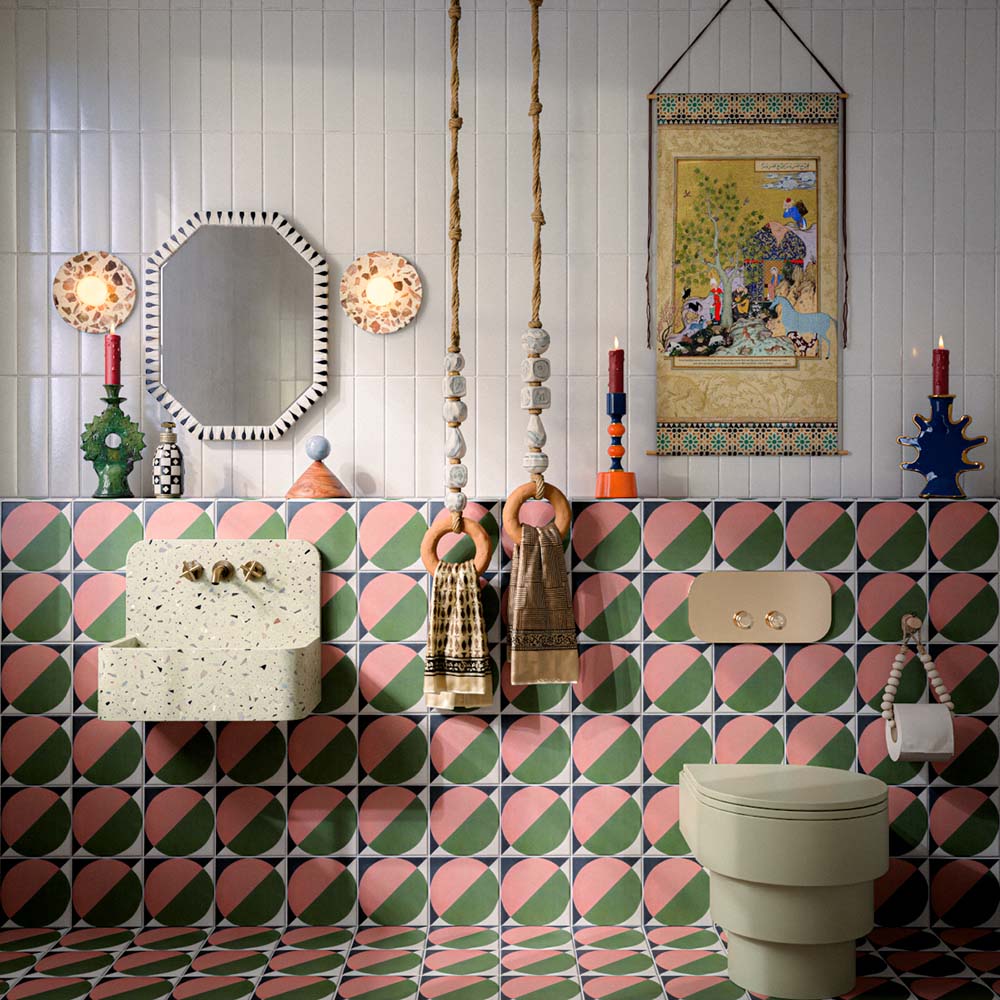 Bathroom featuring Baroque Vanilla 9.1x37.5cm porcelain wall tiles, paired with bold geometric patterned wall and floor tiles, terrazzo-effect basin, and eclectic décor for a playful contemporary interior.