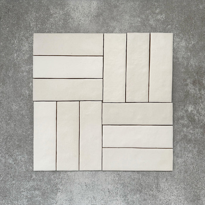 Basketweave layout featuring Zellige Chalk White Moroccan-style brick tiles in a 6.5 × 20cm format.