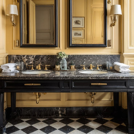 Bathroom setting featuring Fayrouz Black 15.2x15.2cm honed natural marble tiles laid in a classic chequerboard pattern, showcasing rich black tones with natural veining, paired with marble surfaces and brass fittings for a timeless, elegant finish.