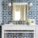 Bathroom featuring Souk Blue B 20×20cm Moroccan-style porcelain wall tiles in a blue, white and grey geometric pattern.