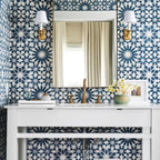 Bathroom featuring Souk Blue C 20×20cm Moroccan-style porcelain wall tiles in a blue, white and grey geometric pattern.