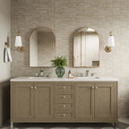 Bathroom setting featuring Benomar Canvas Moroccan style mini brick tiles in a 5x15cm format, finished in a soft matt surface. Laid in a horizontal brick pattern, the subtle tonal variation and handcrafted look create a gentle sense of texture across the wall.
