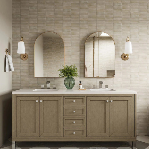 Bathroom setting featuring Benomar Canvas Moroccan style mini brick tiles in a 5x15cm format, finished in a soft matt surface. Laid in a horizontal brick pattern, the subtle tonal variation and handcrafted look create a gentle sense of texture across the wall.