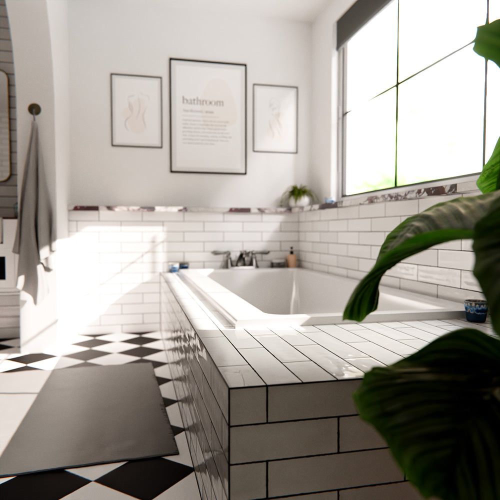 Nairobi gloss white handmade-effect tiles styled in a bathroom setting, featuring a brick-laid wall design paired with a built-in bath, black and white patterned floor tiles, and soft natural light.