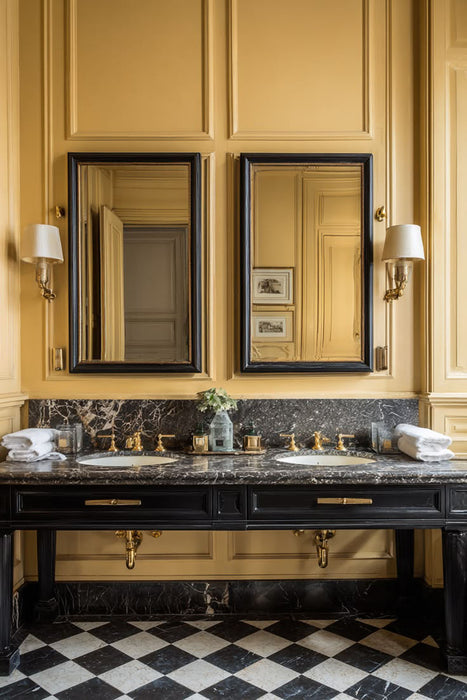 Bathroom setting featuring Fayrouz Black 15.2x15.2cm honed natural marble tiles laid in a classic chequerboard pattern, showcasing rich black tones with natural veining, paired with marble surfaces and brass fittings for a timeless, elegant finish.