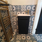 Bathroom featuring Souk Blue A 20×20cm Moroccan-style porcelain tiles in a blue, white and grey geometric pattern.
