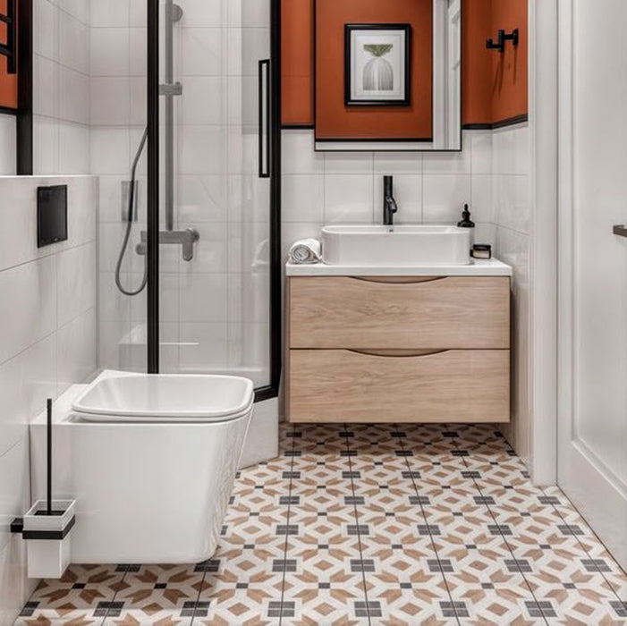 Bathroom setting featuring Viscount High Street 20x20cm Victorian style wall and floor tiles, showcasing a detailed geometric pattern in warm and neutral tones, paired with crisp white wall tiles, wood finishes and matte black fittings for a balanced, contemporary finish.
